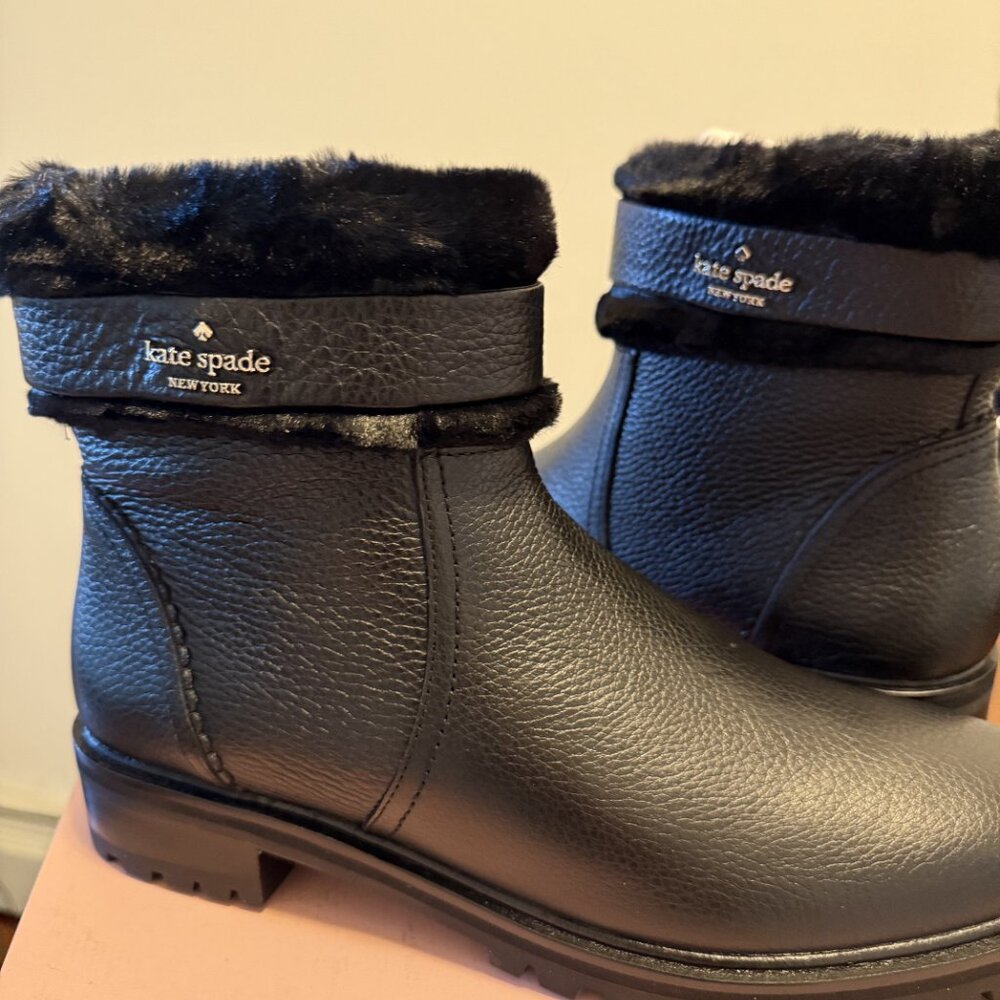 Kate Spade New York Bailee Winter Bootie Black Leather Faux Fur Trim Size 8.5 B